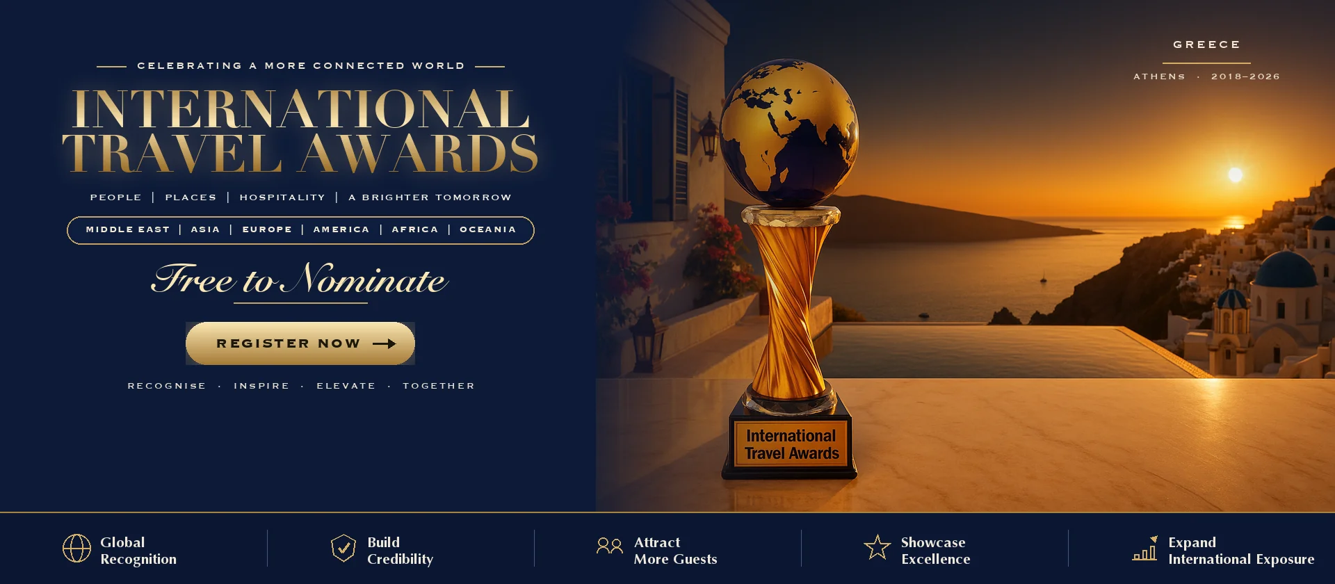 International Travel Awards trophy on a Dubai terrace at sunset with the Greece skyline behind it