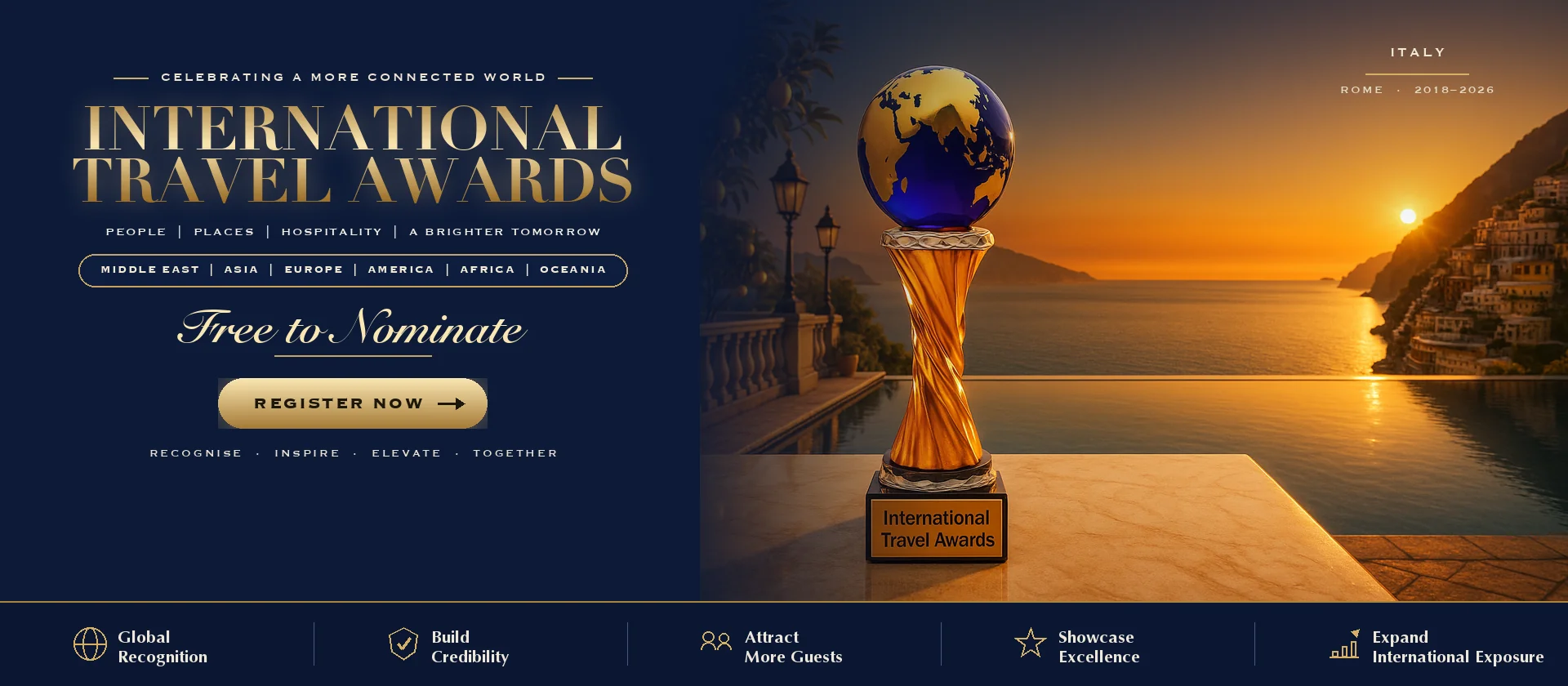 International Travel Awards trophy on a Dubai terrace at sunset with the Italy skyline behind it