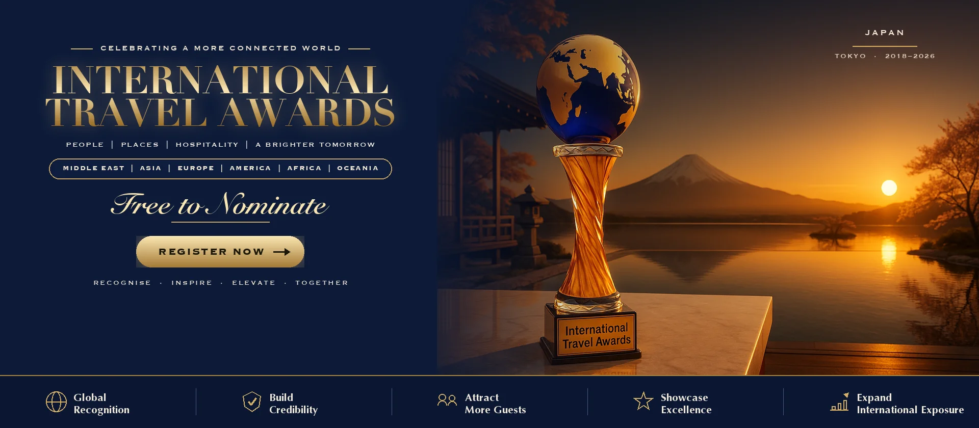 International Travel Awards trophy on a Dubai terrace at sunset with the Japan skyline behind it