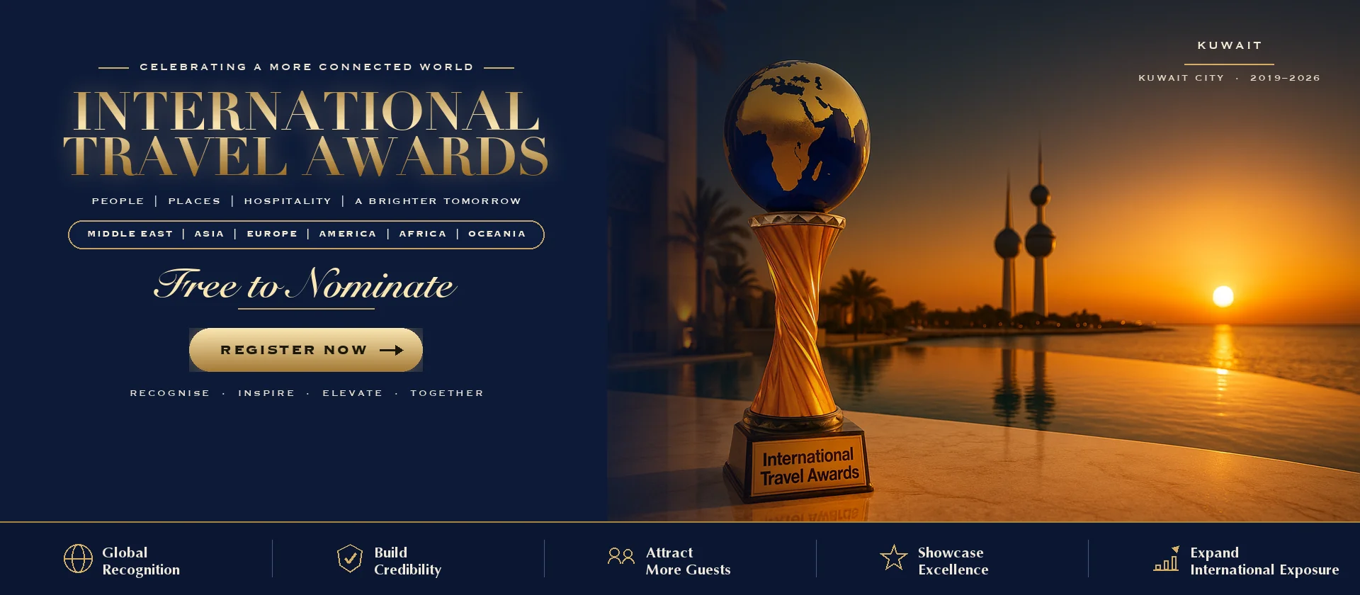 International Travel Awards trophy on a Dubai terrace at sunset with the Kuwait skyline behind it