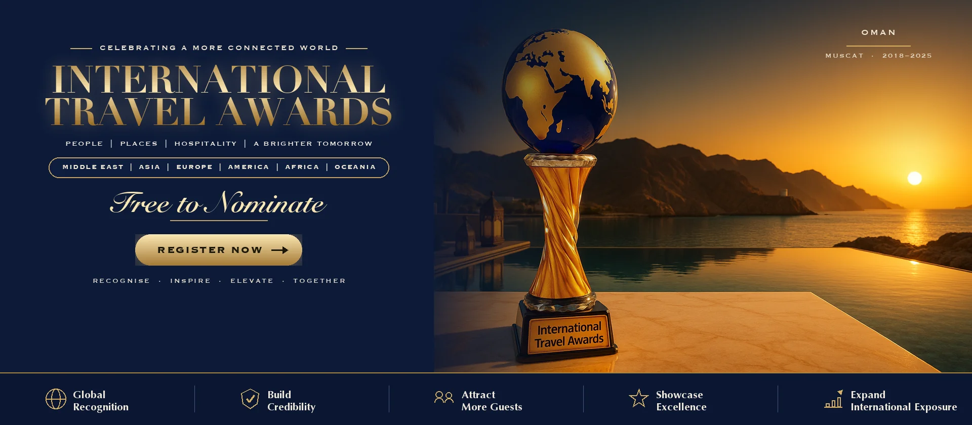 International Travel Awards trophy on a Dubai terrace at sunset with the Oman skyline behind it
