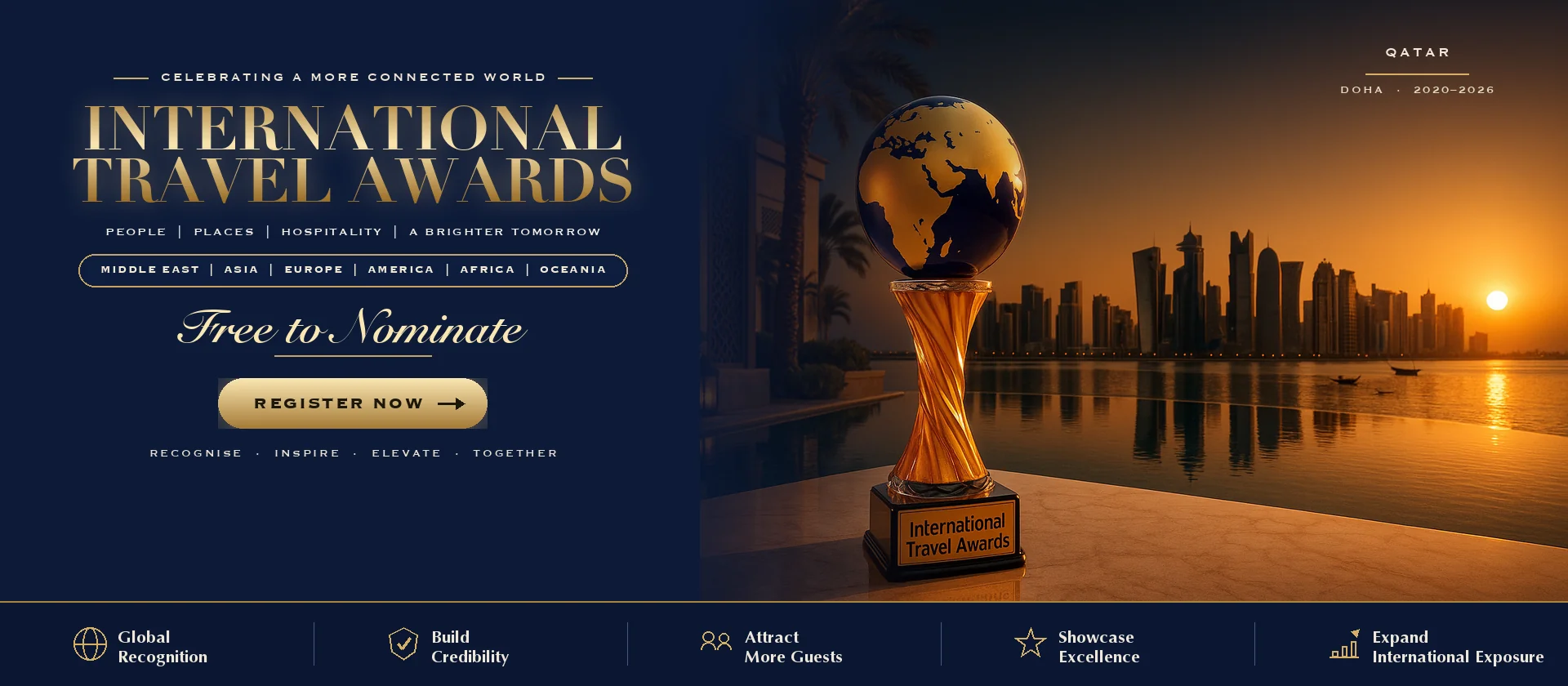 International Travel Awards trophy on a Dubai terrace at sunset with the Qatar skyline behind it
