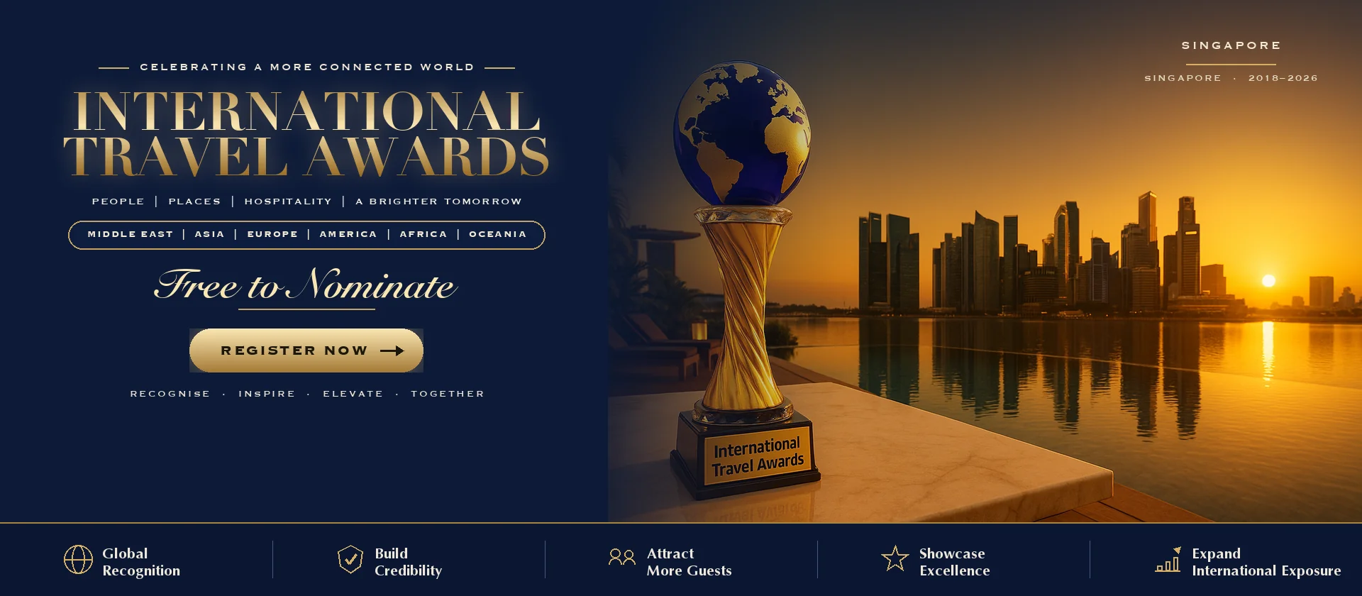 International Travel Awards trophy on a Dubai terrace at sunset with the Singapore skyline behind it
