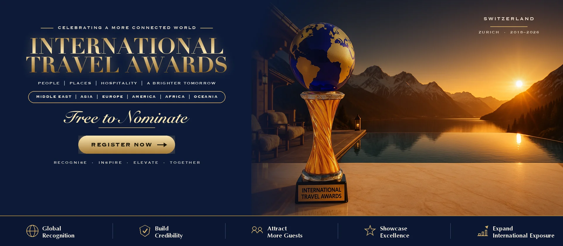 International Travel Awards trophy on a Dubai terrace at sunset with the Switzerland skyline behind it