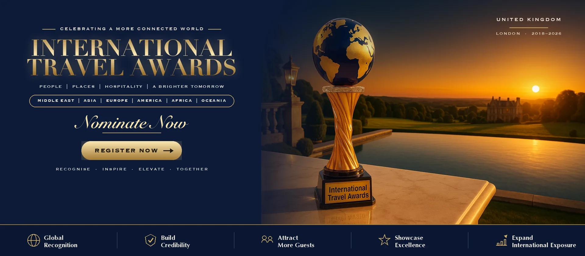 International Travel Awards trophy on a Dubai terrace at sunset with the UK skyline behind it